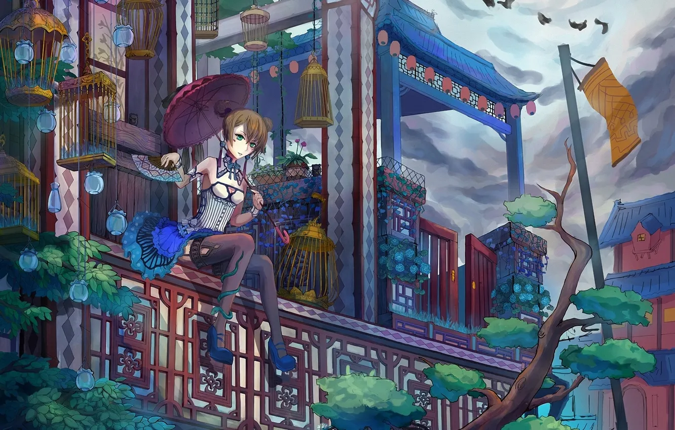 Photo wallpaper girl, umbrella, bird, home, snake, cell, umbrella, fan