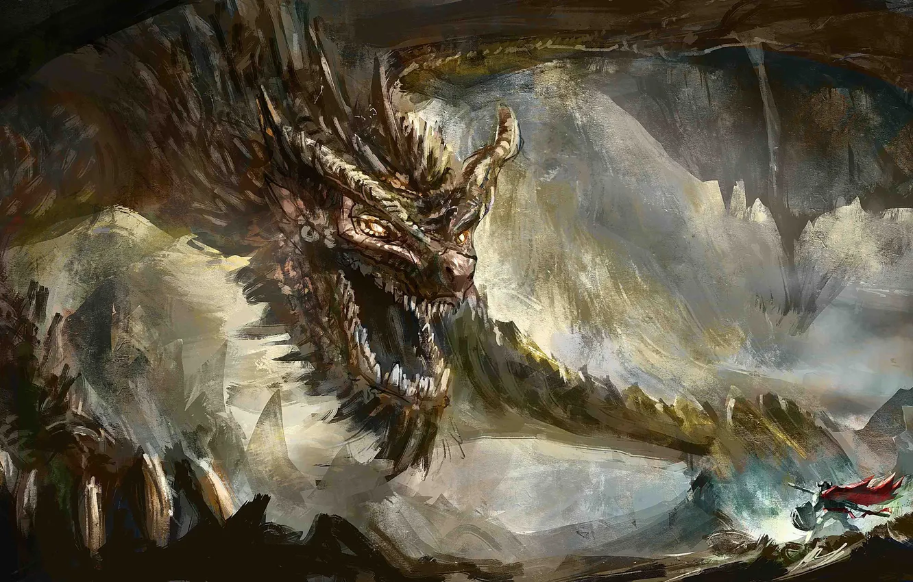 Photo wallpaper rocks, dragon, warrior, art, giant, Luc Fontenoy