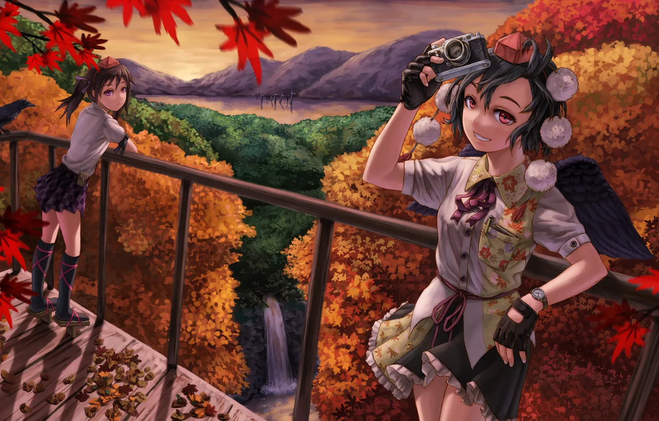 Photo wallpaper autumn, leaves, trees, mountains, bright, color, waterfall, girl