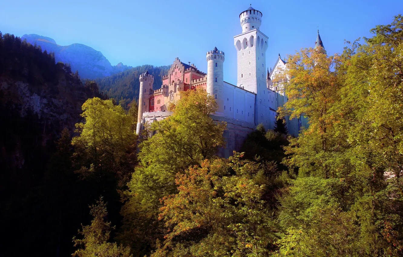 Photo wallpaper autumn, trees, mountains, castle, tower, Germany, Bayern, Neuschwanstein
