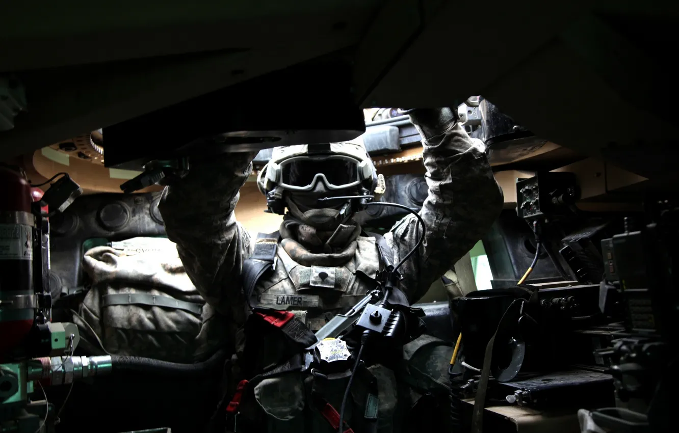 Photo wallpaper gun, soldier, vehicle, cables, protective equipment, Fire Extinguisher, communication equipment