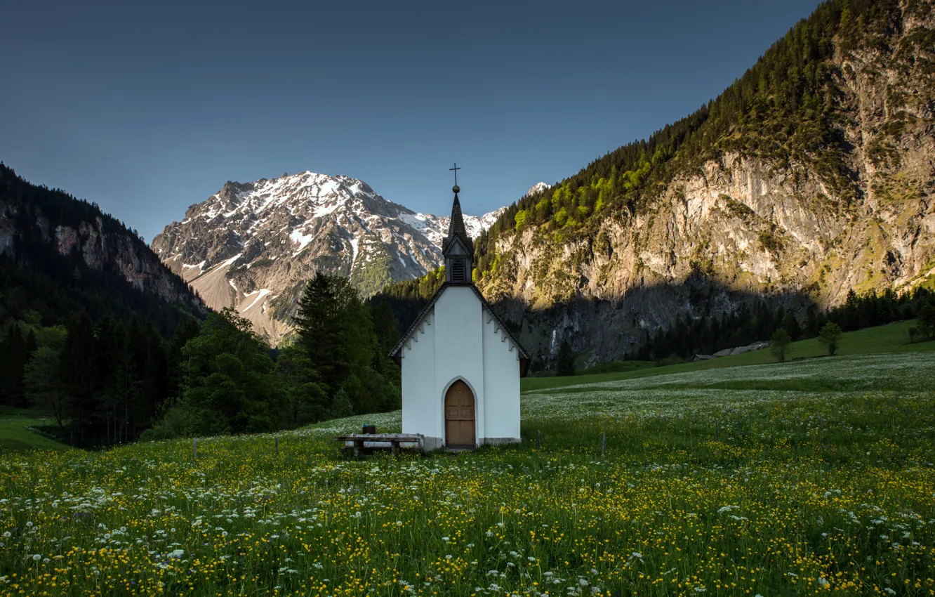 Photo wallpaper summer, mountains, chapel