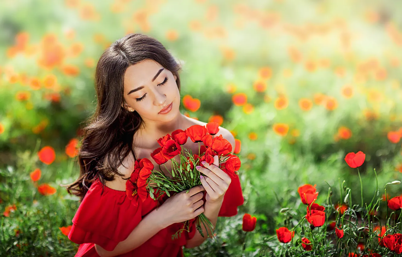 Photo wallpaper field, summer, girl, flowers, nature, Maki, dress, brunette