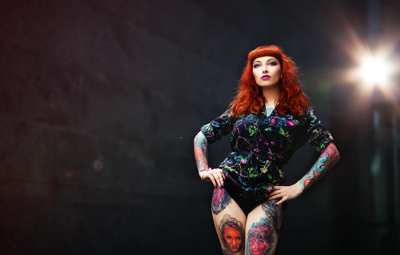 Photo wallpaper look, girl, face, hair, figure, tattoo, legs
