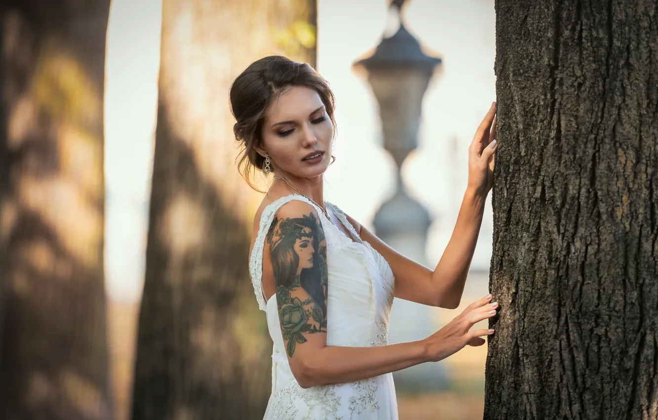 Photo wallpaper girl, dress, Elena, bokeh, the tree