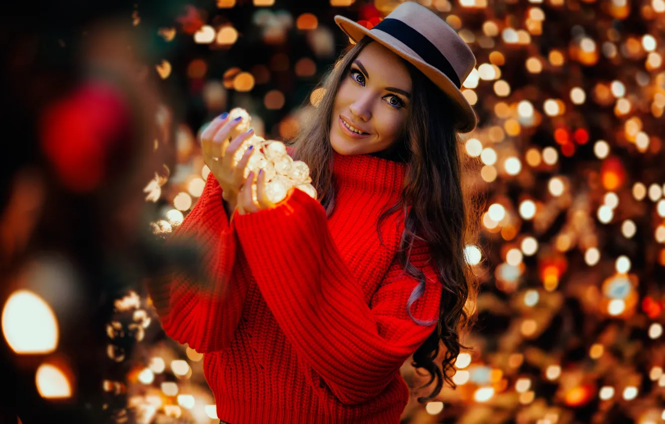 Photo wallpaper girl, smile, glare, mood, hat, light bulb, long hair, sweater