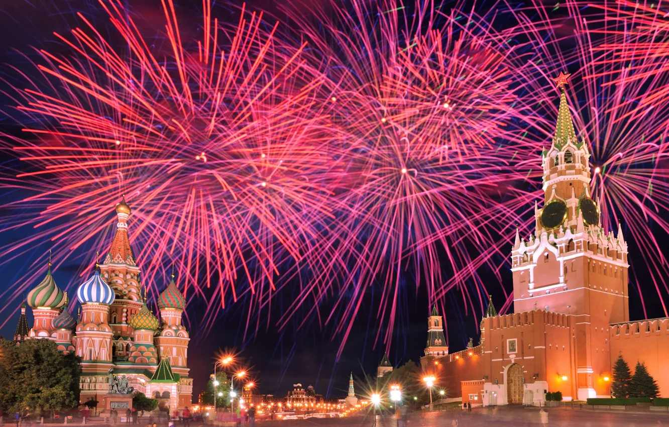 Photo wallpaper night, salute, Moscow, The Kremlin, Russia, Red square, Moscow, Kremlin