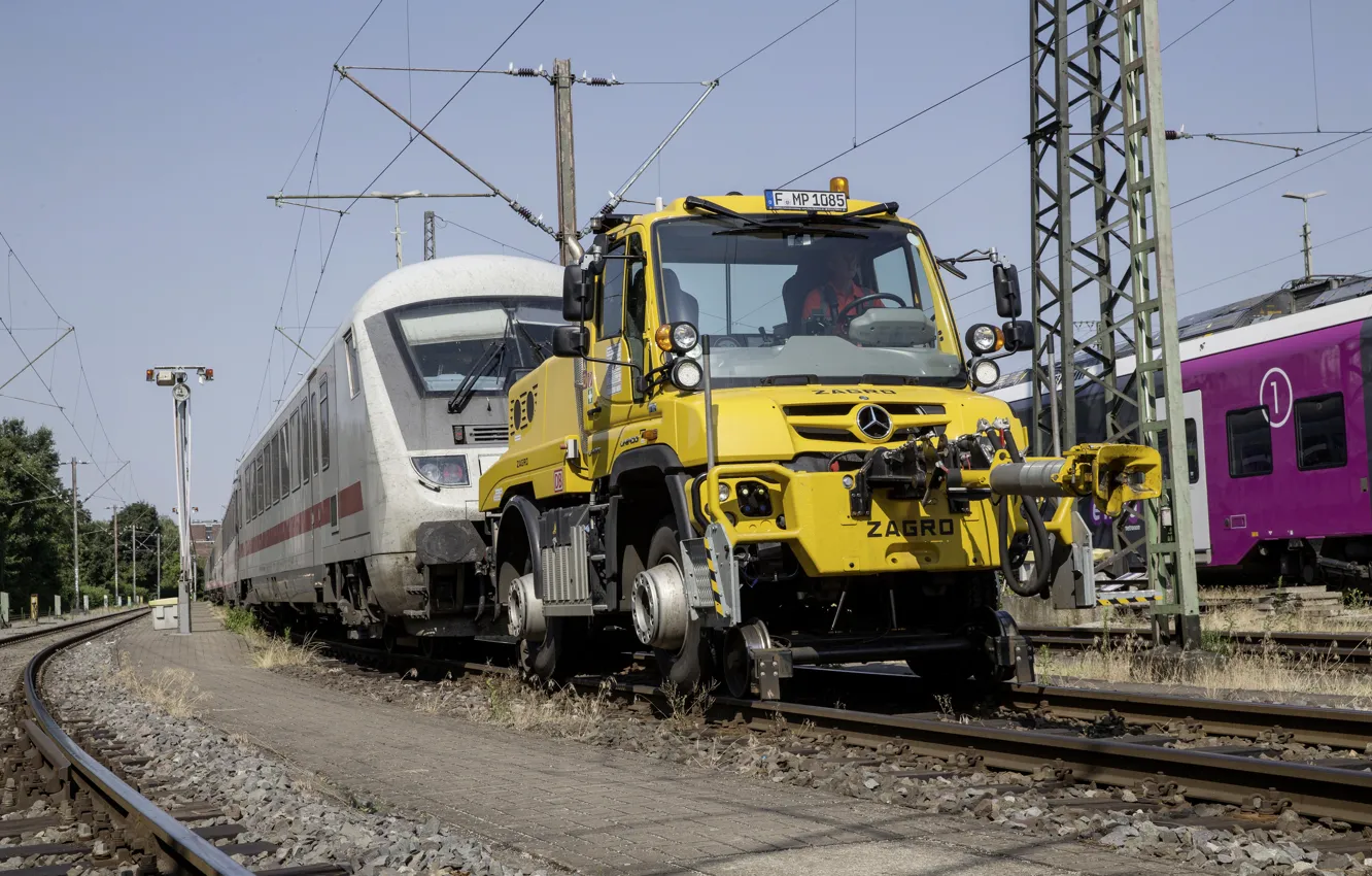 Photo wallpaper yellow, rails, train, Mercedes-Benz, tug, railroad, composition, tractor