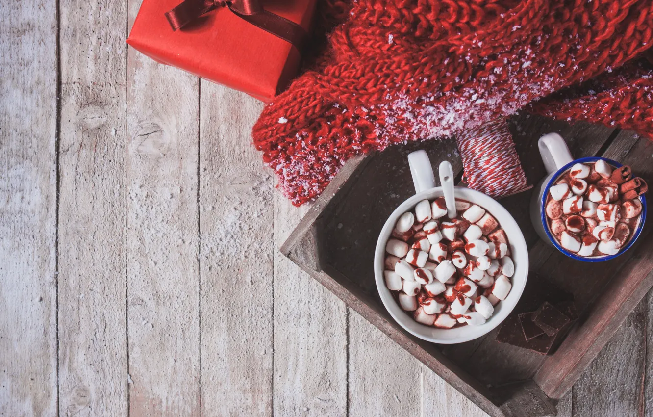 Photo wallpaper gift, scarf, hot chocolate, marshmallows, Valeria Maksakova