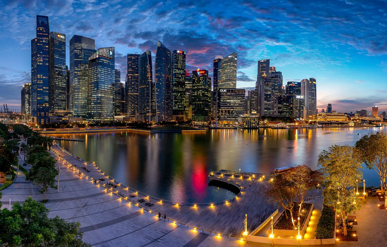 Photo wallpaper lights, the evening, Singapore, megapolis, Singapore, Marina Bay