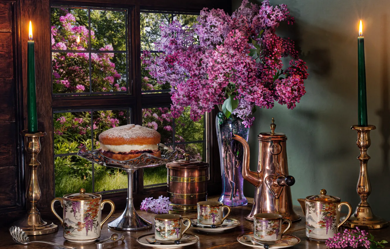 Photo wallpaper style, bouquet, candles, window, Cup, cake, vase, still life