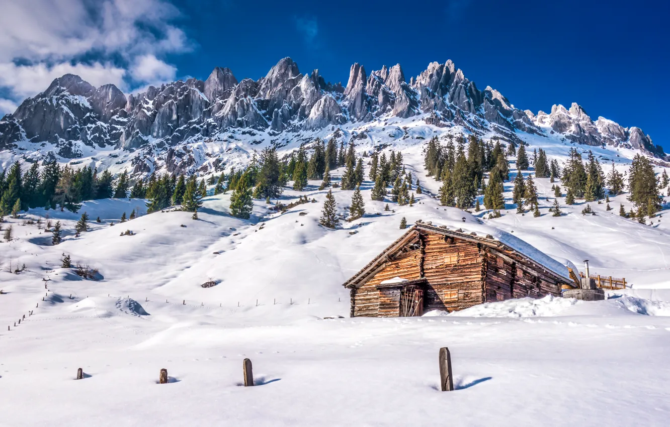 Photo wallpaper winter, the sky, the sun, clouds, snow, trees, mountains, rocks