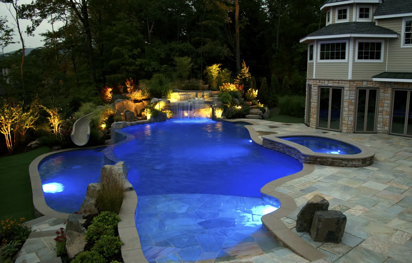 Photo wallpaper lights, home, the evening, pool