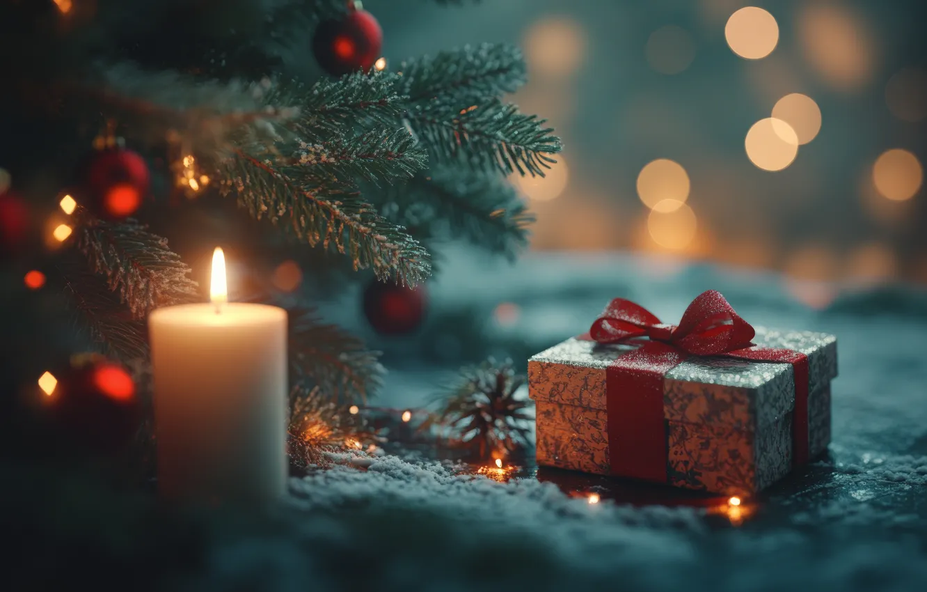 Photo wallpaper winter, balls, light, snow, night, branches, lights, box