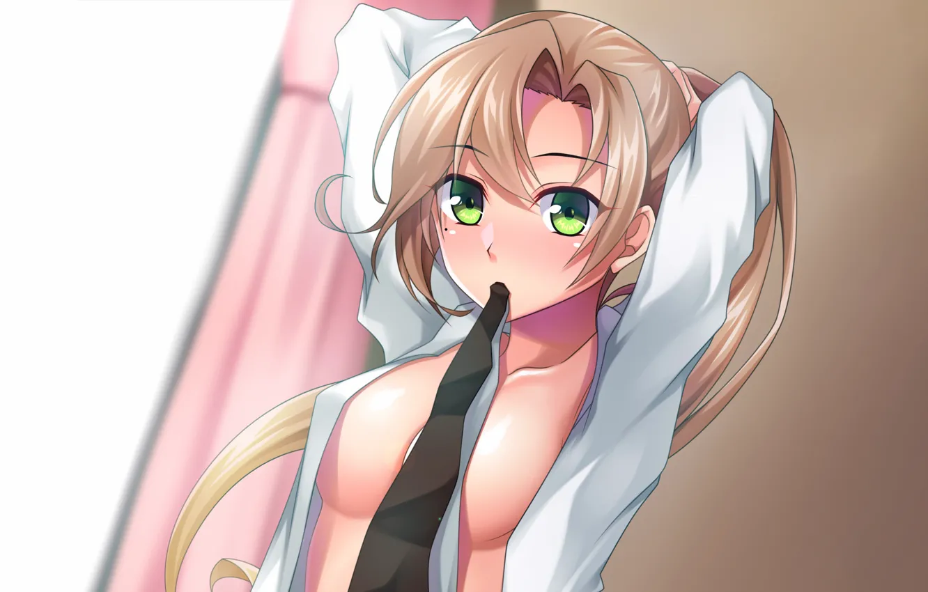 Photo wallpaper girl, sexy, cleavage, green eyes, long hair, boobs, anime, beautiful