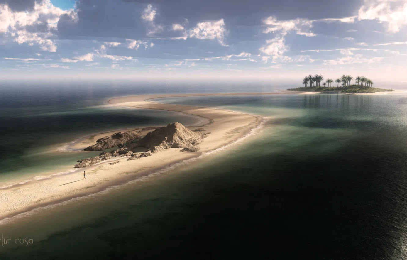 Photo wallpaper road, sand, sea, clouds, palm trees, the ocean, people, view