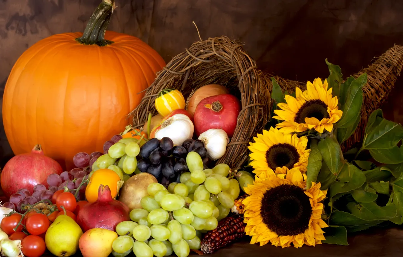 Photo wallpaper autumn, harvest, pumpkin, autumn, leaves, nuts, still life, fruits