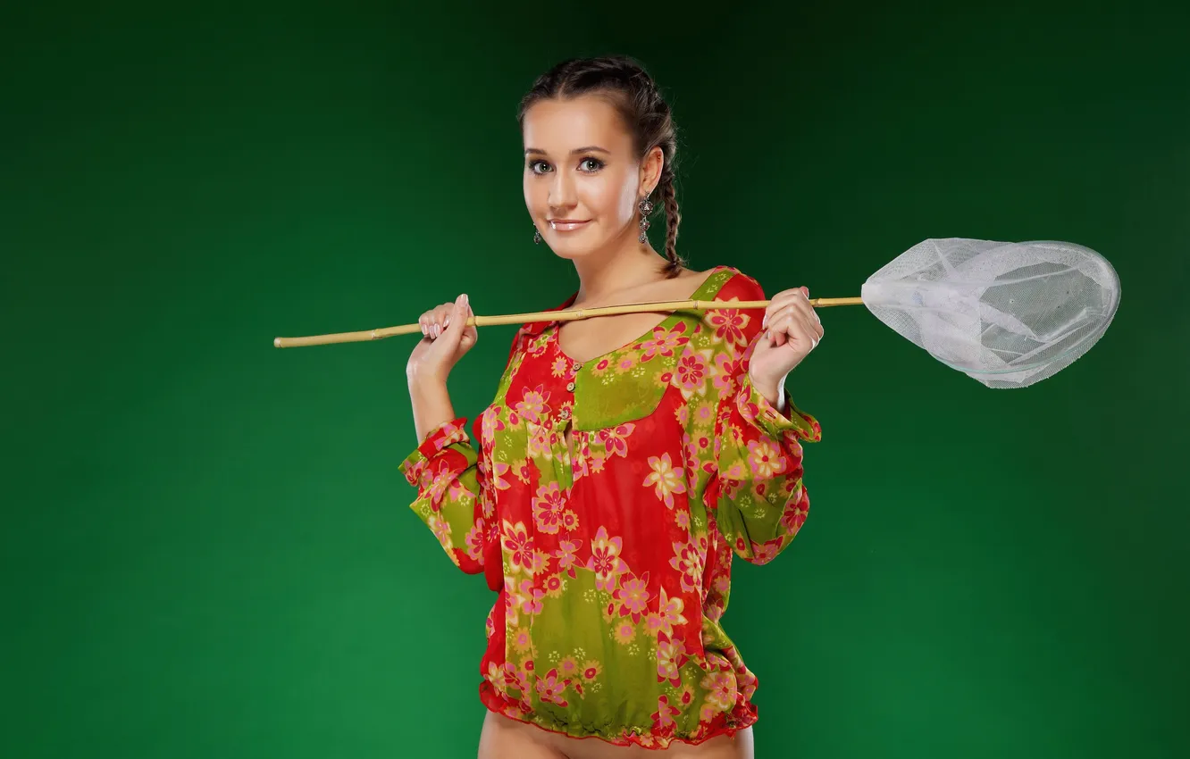 Photo wallpaper look, girl, earrings, the net, braids, brown hair, blouse, green-eyed