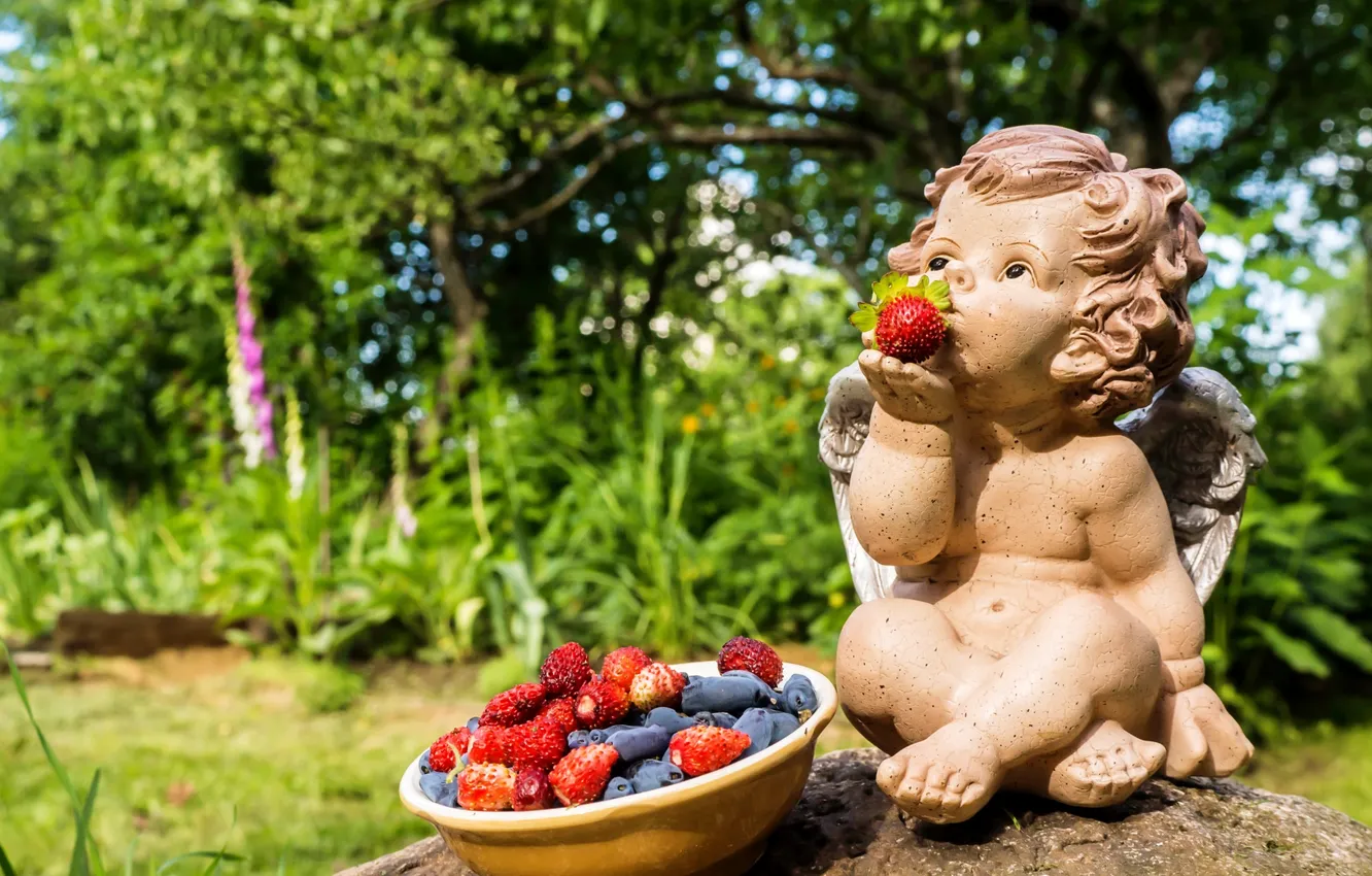 Photo wallpaper berries, angel, strawberries, figurine, honeysuckle