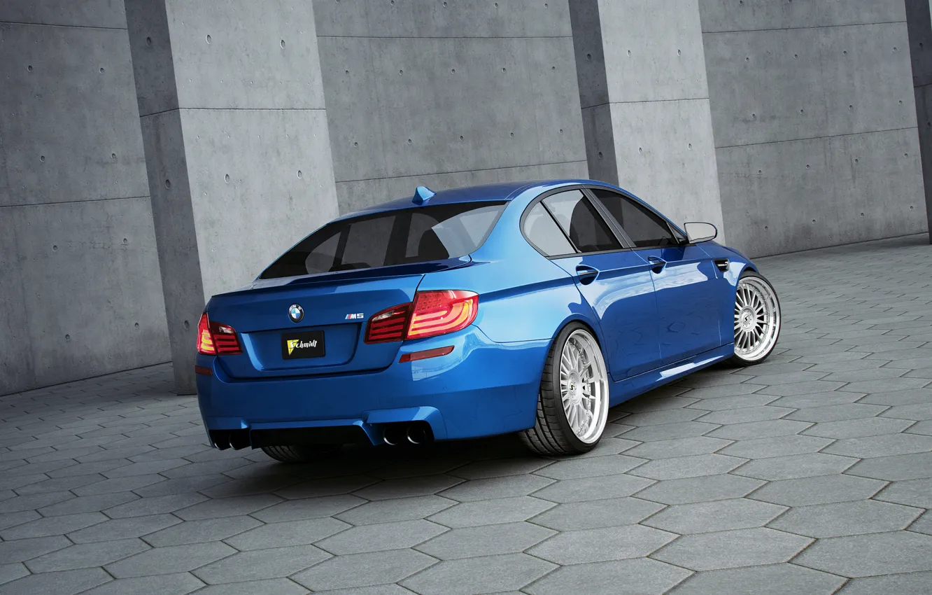 Photo wallpaper blue, bmw, BMW, rear view, blue, f10, grey paving slabs, black license plate