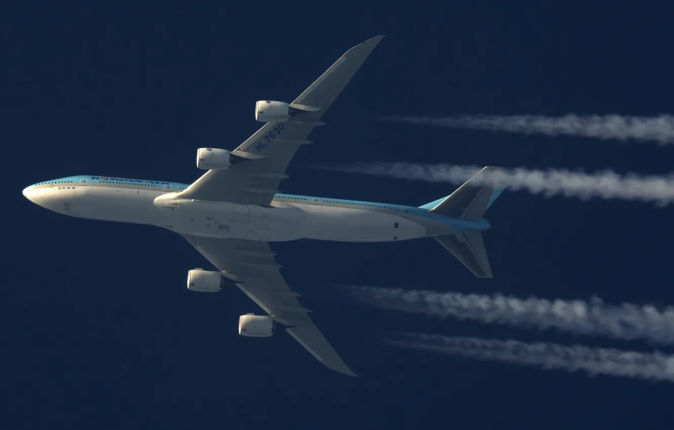 Photo wallpaper Boeing, the plane, Boeing 747-8 Intercontinental, in flight, Airliner, Boeing 747, Korean Air, Contrail