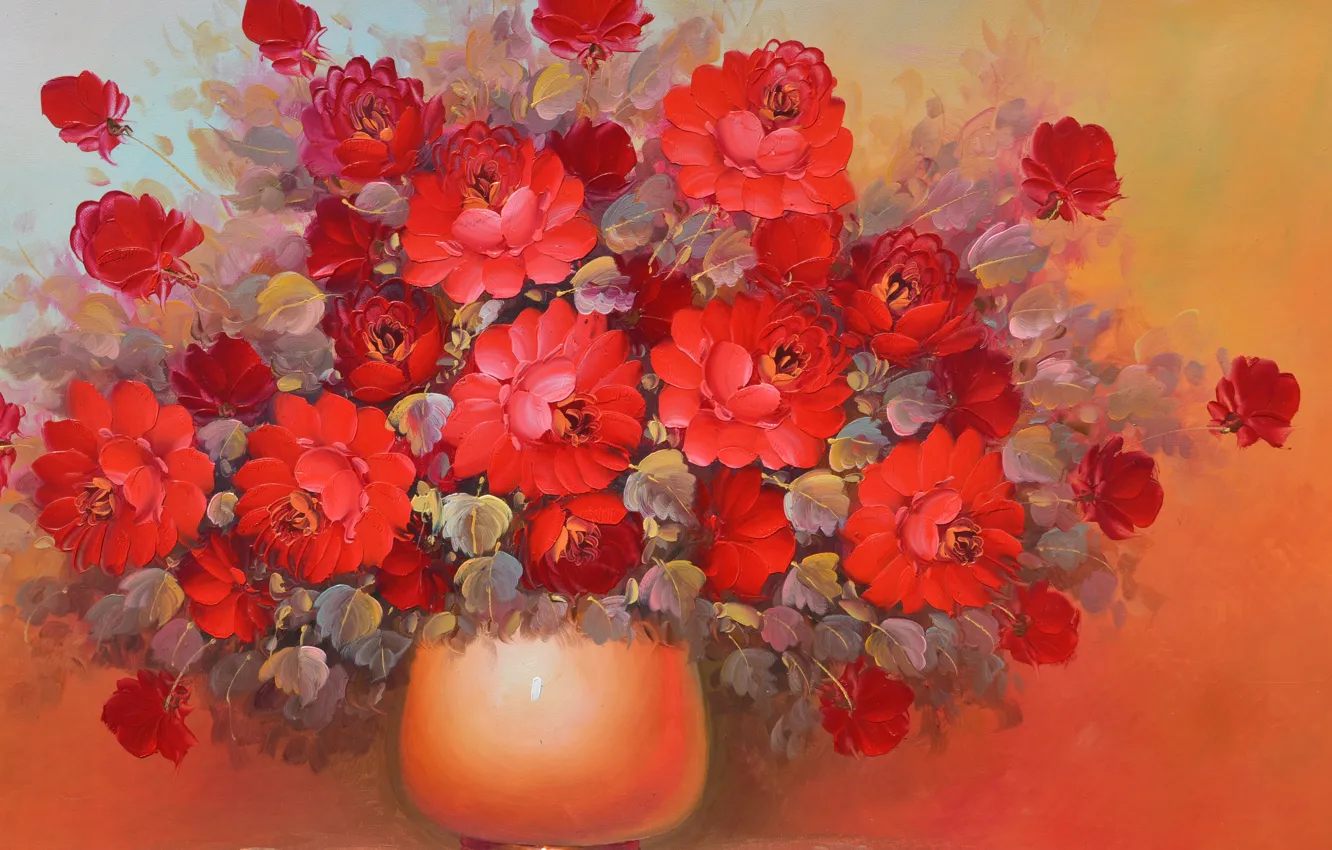 Photo wallpaper red, Flowers, bouquet, vase