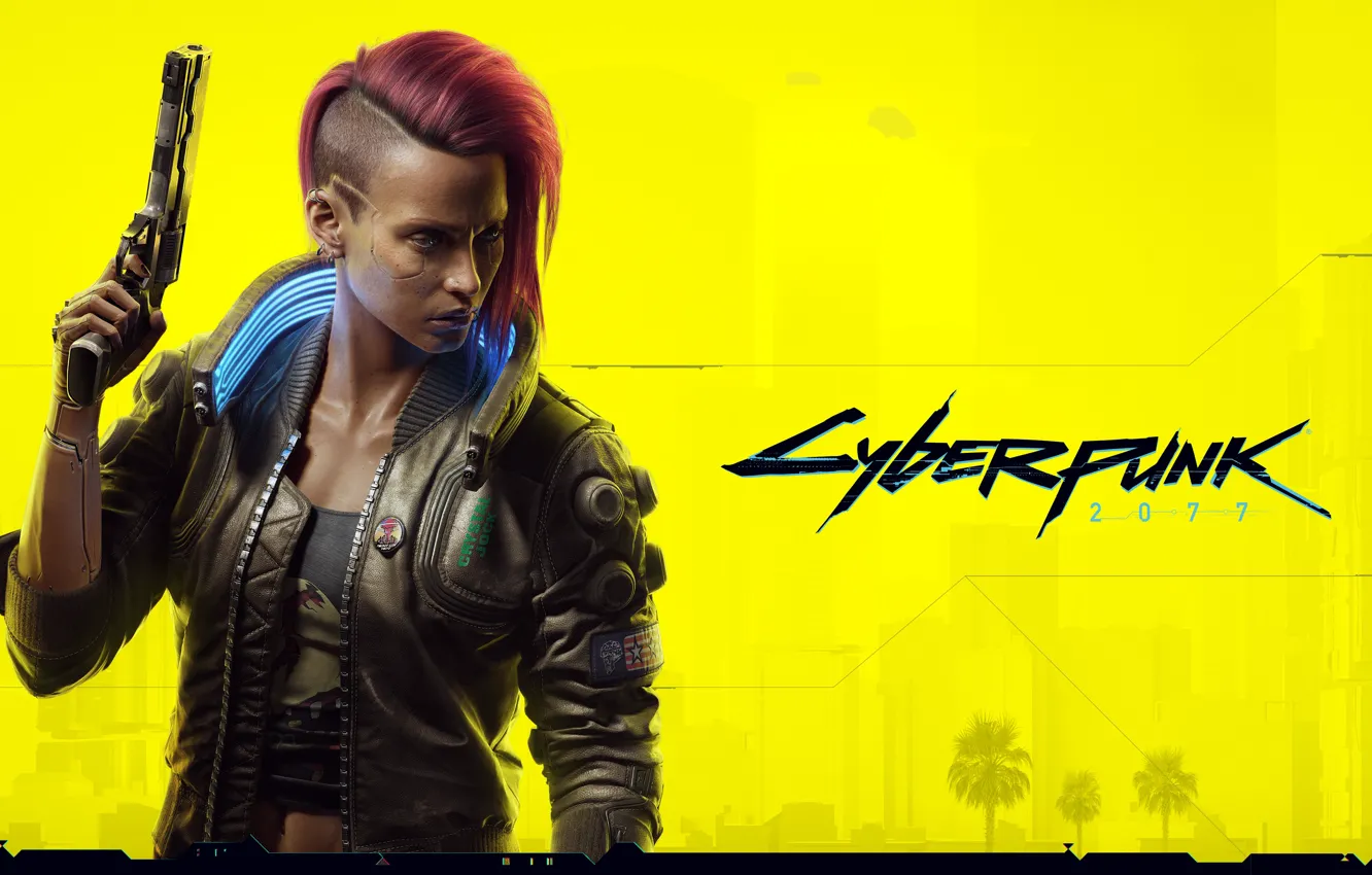 Photo wallpaper gun, yellow, female, Cyberpunk 2077, jacket, Cyberpunk, Character