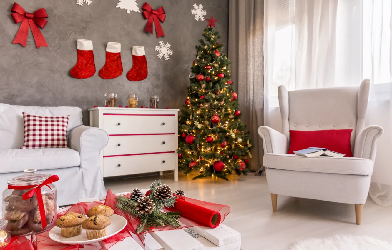 Photo wallpaper comfort, style, room, holiday, tree, new year, decor
