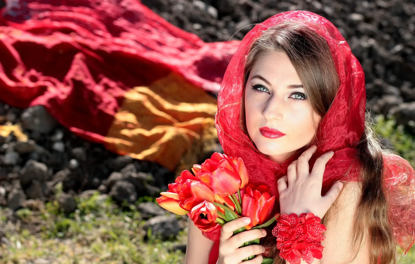 Photo wallpaper girl, flowers, nature, stones, tulips, brown hair, shawl