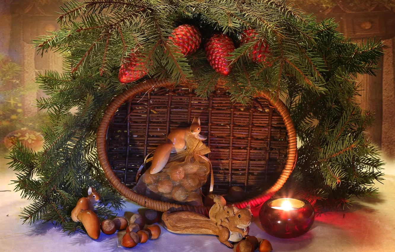 Photo wallpaper basket, toy, spruce, candles, nuts, proteins