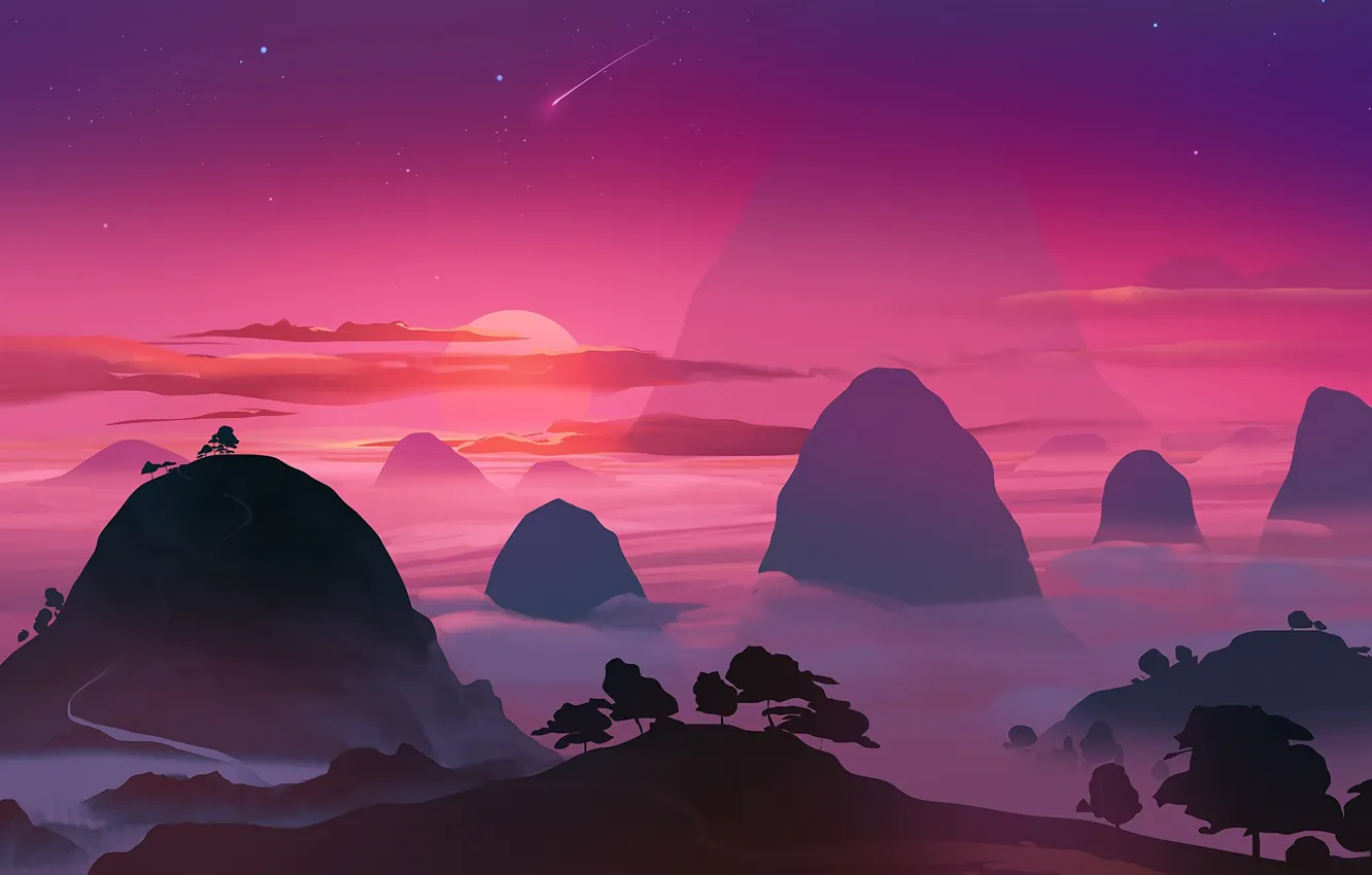 Photo wallpaper the sky, the sun, landscape, sunset, mountains, rocks
