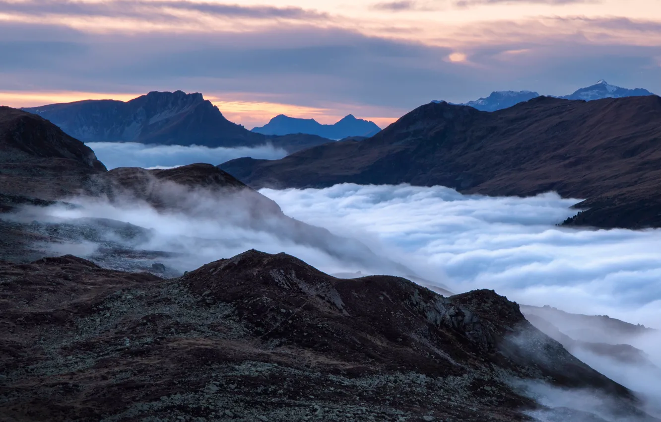 Photo wallpaper the sky, clouds, landscape, mountains, fog, overcast, hills, tops