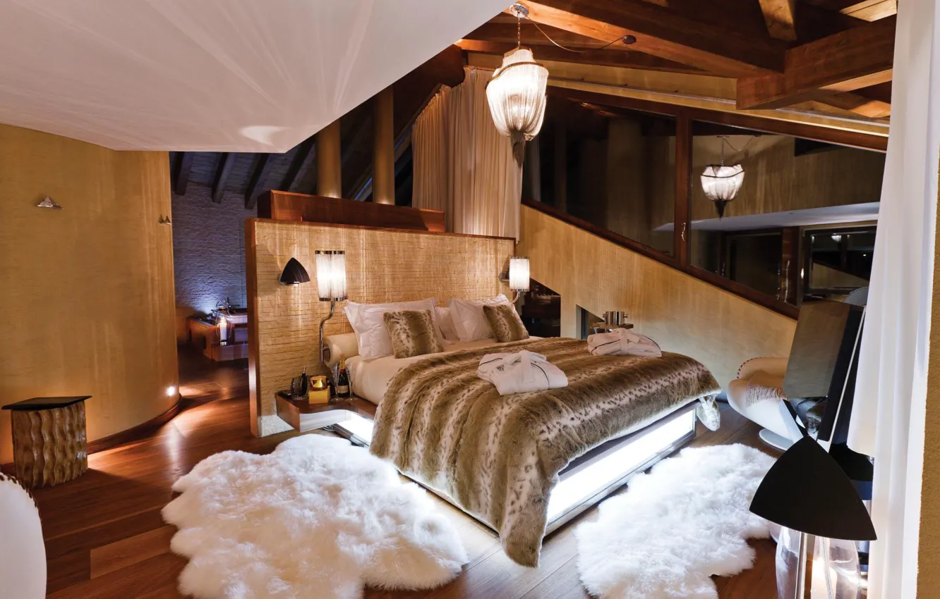 Photo wallpaper comfort, bed, interior, fur, bedroom