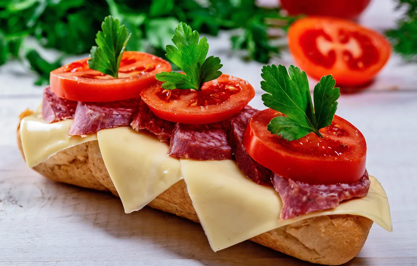 Photo wallpaper cheese, sandwich, vegetables, tomatoes, sausage