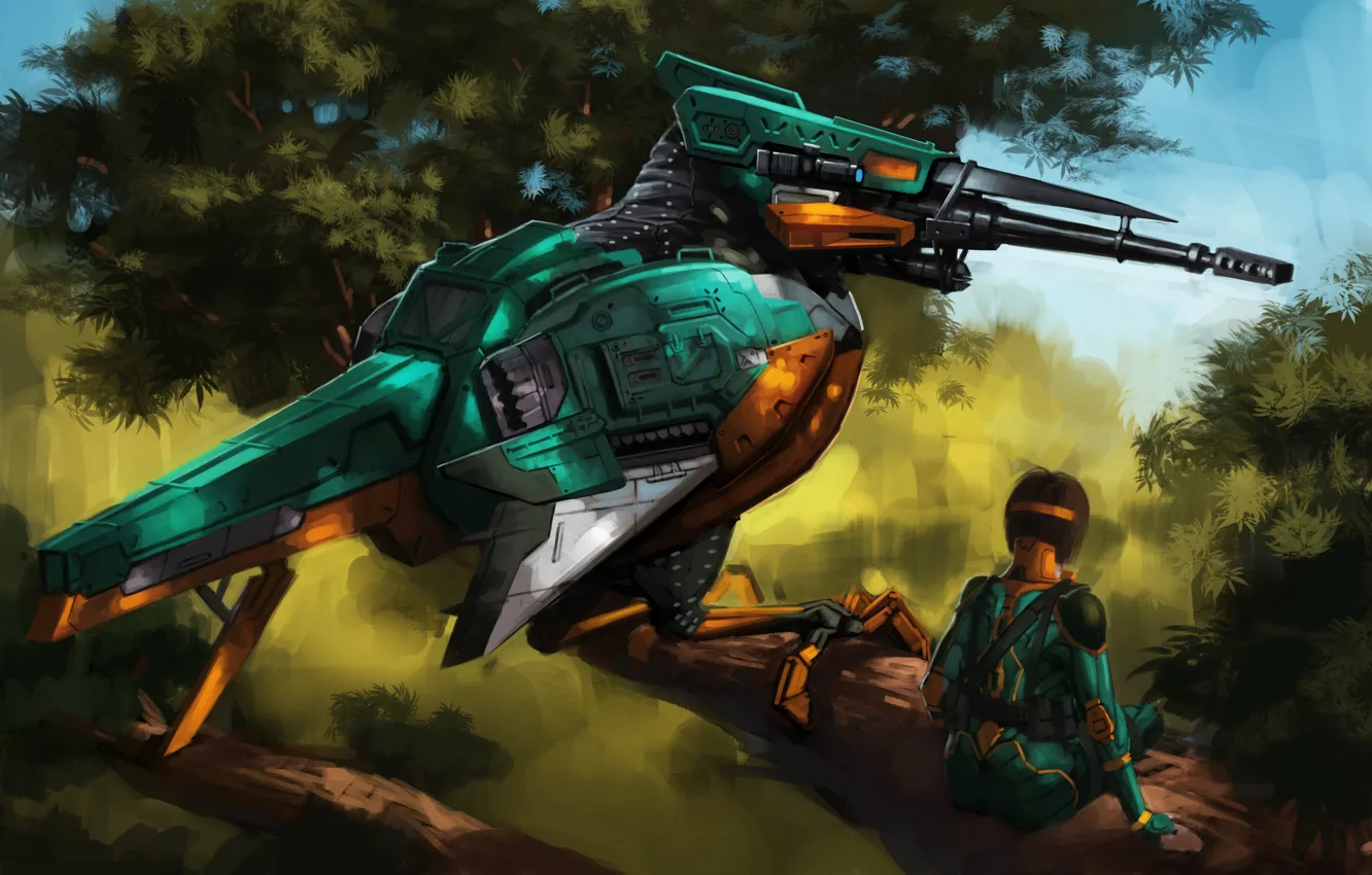 Photo wallpaper girl, bird, robot, sniper, Kingfisher