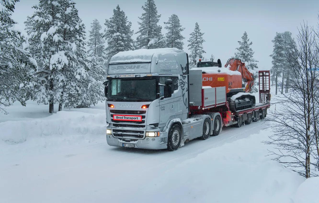 Photo wallpaper winter, snow, the trailer, tractor, Scania, Topline, Streamline, R580
