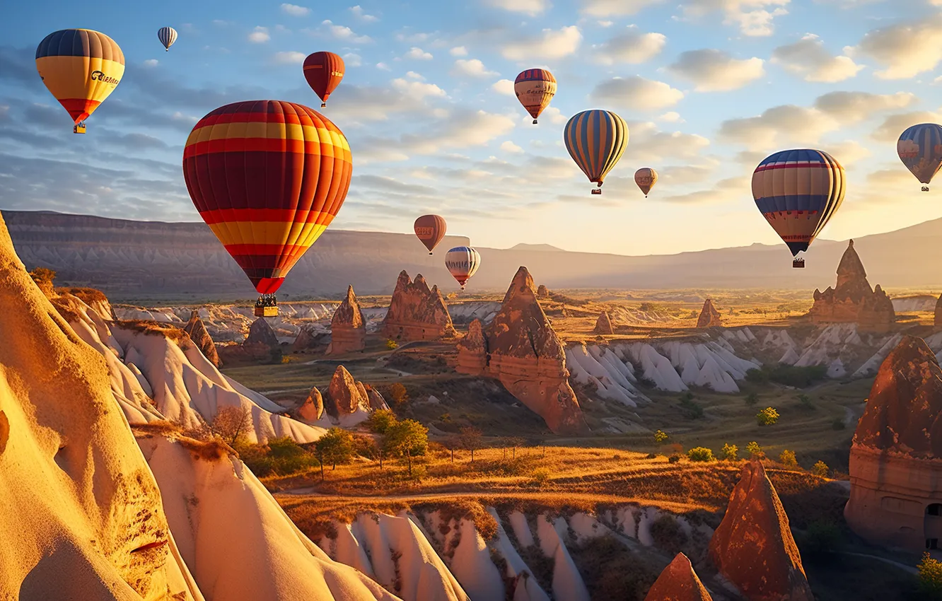 Photo wallpaper flight, landscape, mountains, balloon, balloon, AI art, The Art of Artificial Intelligence, digital art •