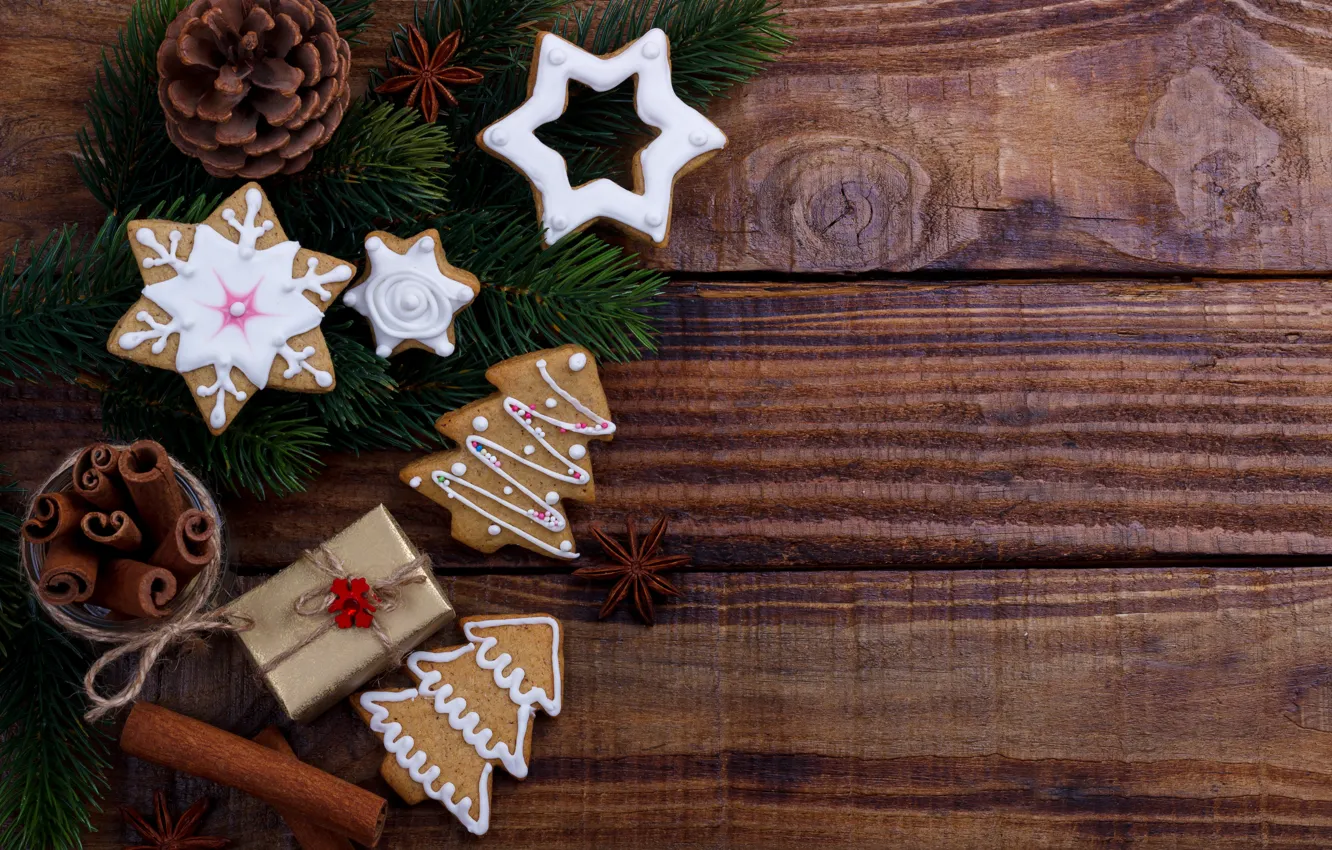Photo wallpaper decoration, new year, cookies, Christmas, Christmas, wood, New Year, cookies