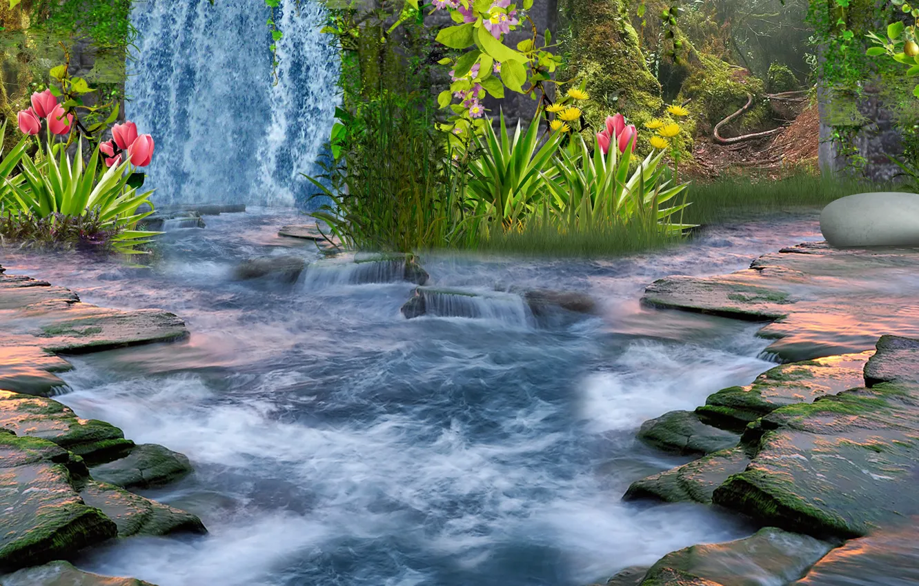 Photo wallpaper flowers, stones, waterfall, plants