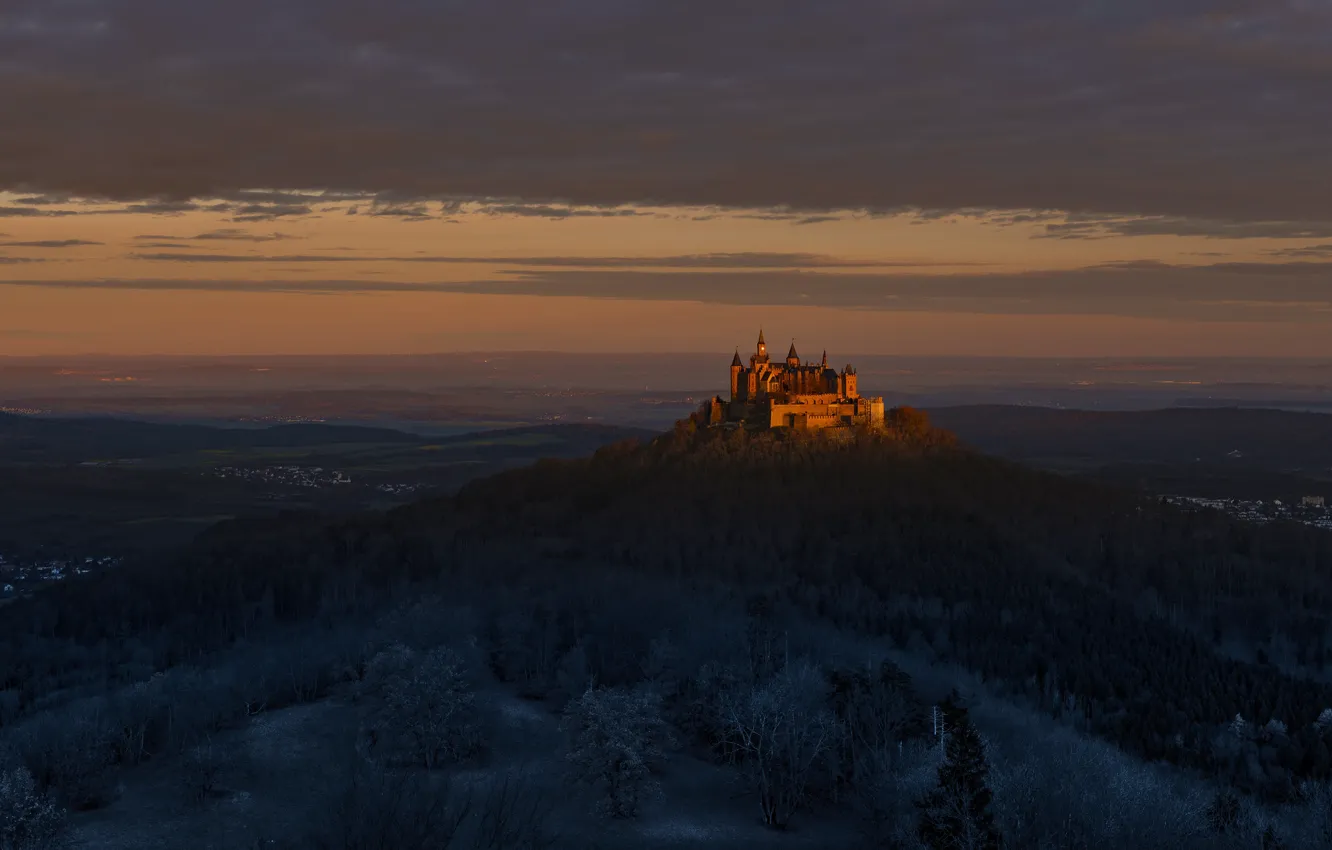 Photo wallpaper mountains, hills, clouds, light, fog, Germany, castle, view