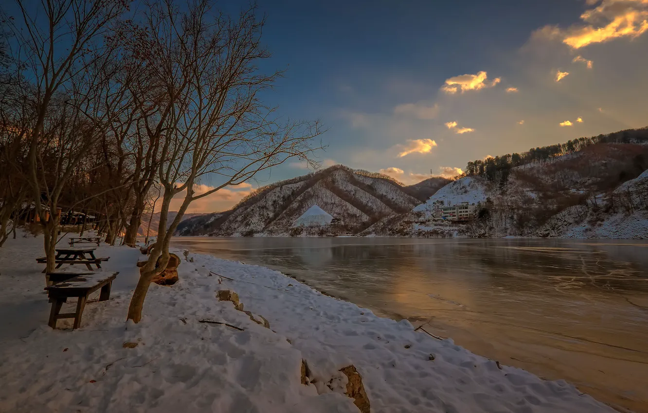 Photo wallpaper winter, snow, mountains, lake, South Korea