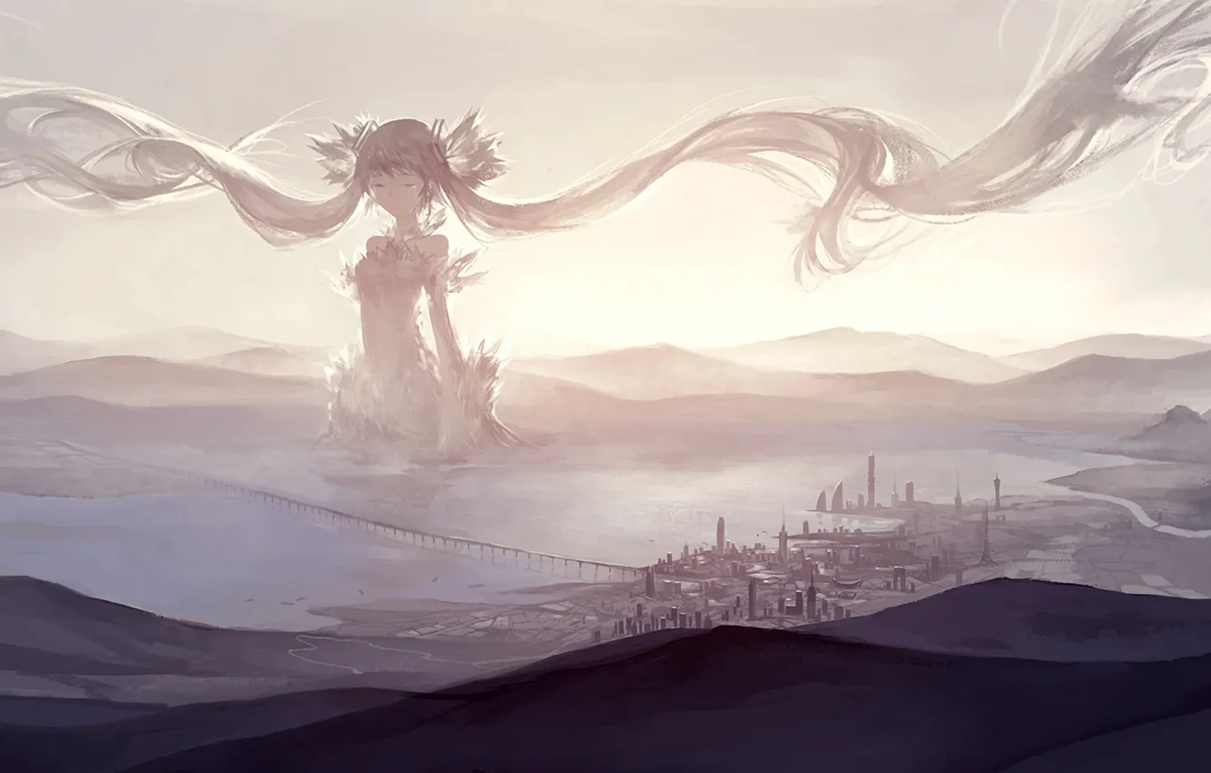 Photo wallpaper the sky, girl, clouds, bridge, the city, anime, art, vocaloid