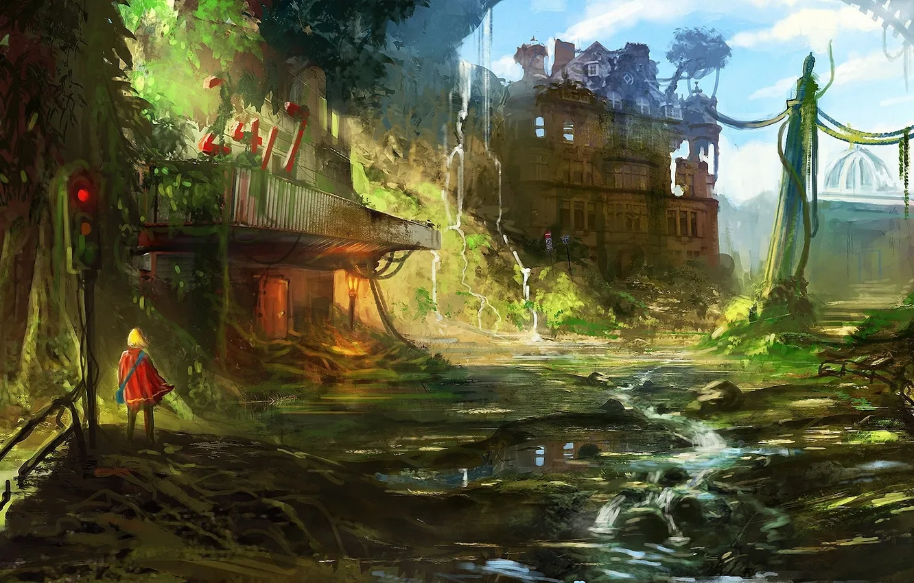 Photo wallpaper the city, thickets, people, art, traffic light, ruins, bag, cloak