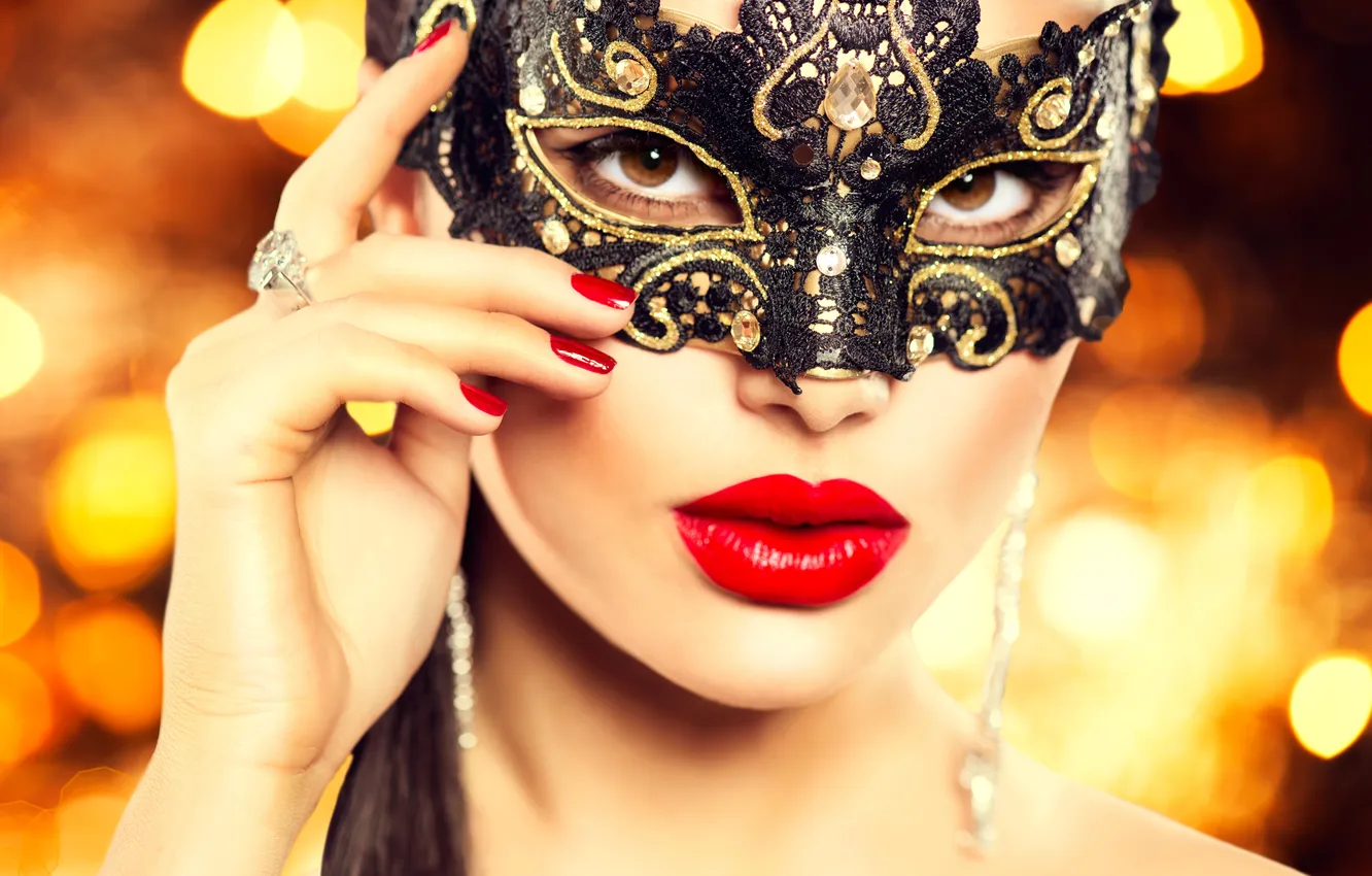 Photo wallpaper look, girl, background, hands, makeup, lipstick, mask, ring