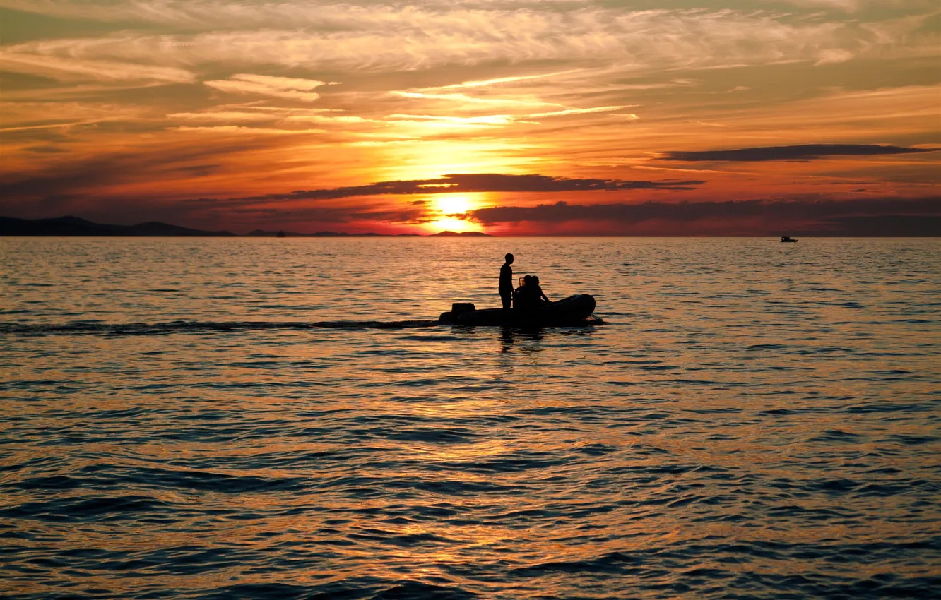 Photo wallpaper sea, the sky, sunset, the ocean, dawn, boat, people, fisherman