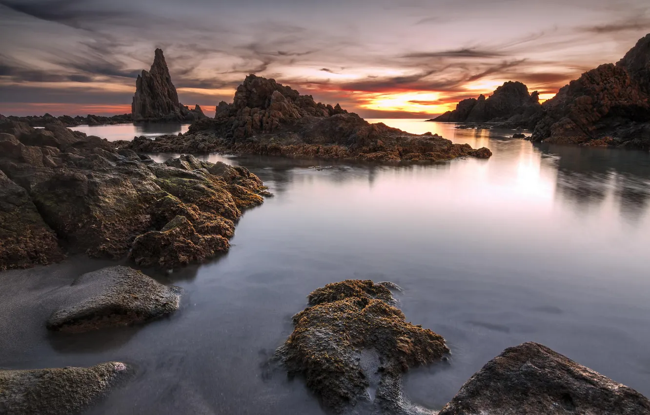 Photo wallpaper sea, rocks, dawn, coast