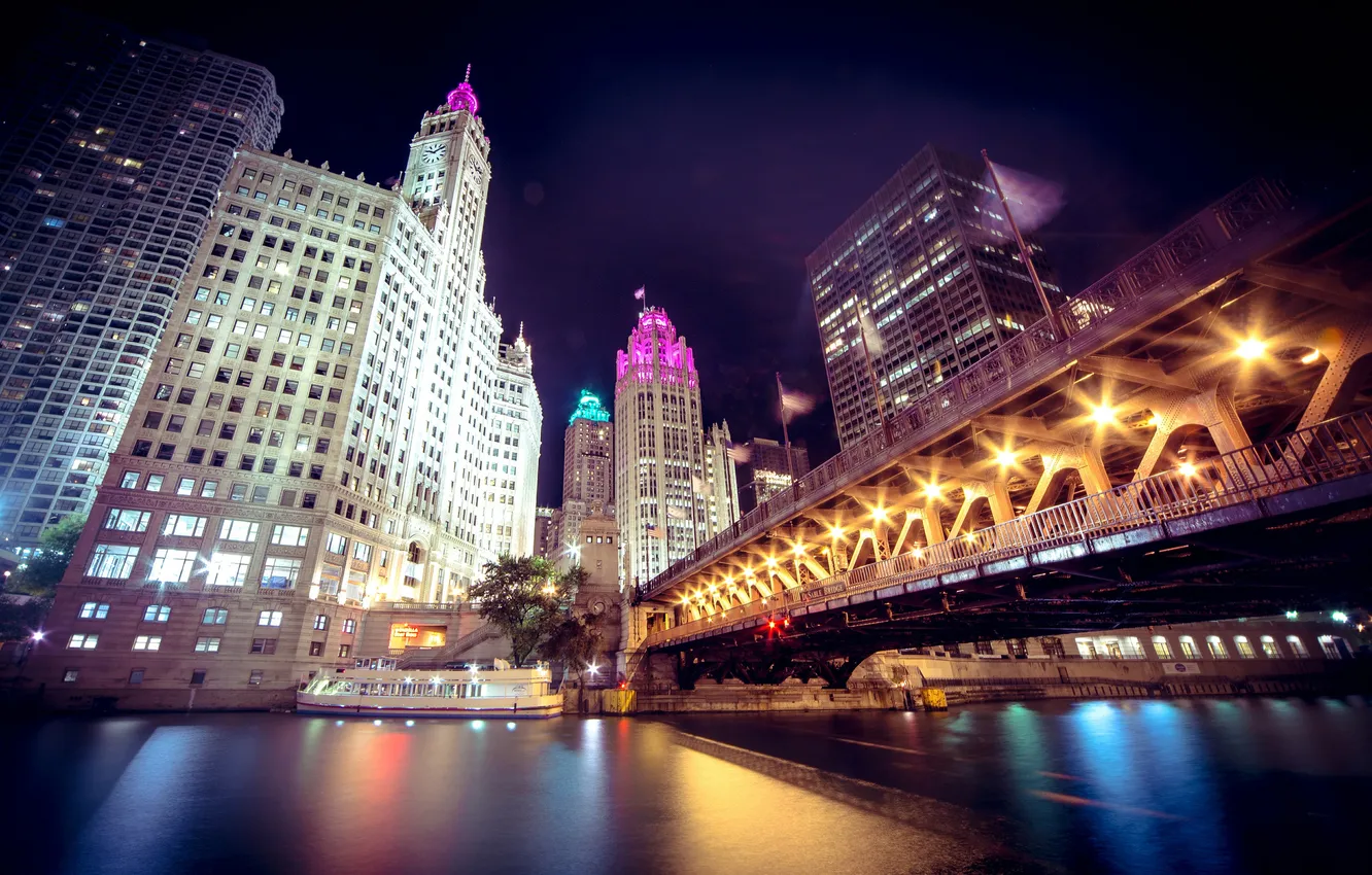 Photo wallpaper night, bridge, the city, lights, river, Chicago, Illinois, Сhicago