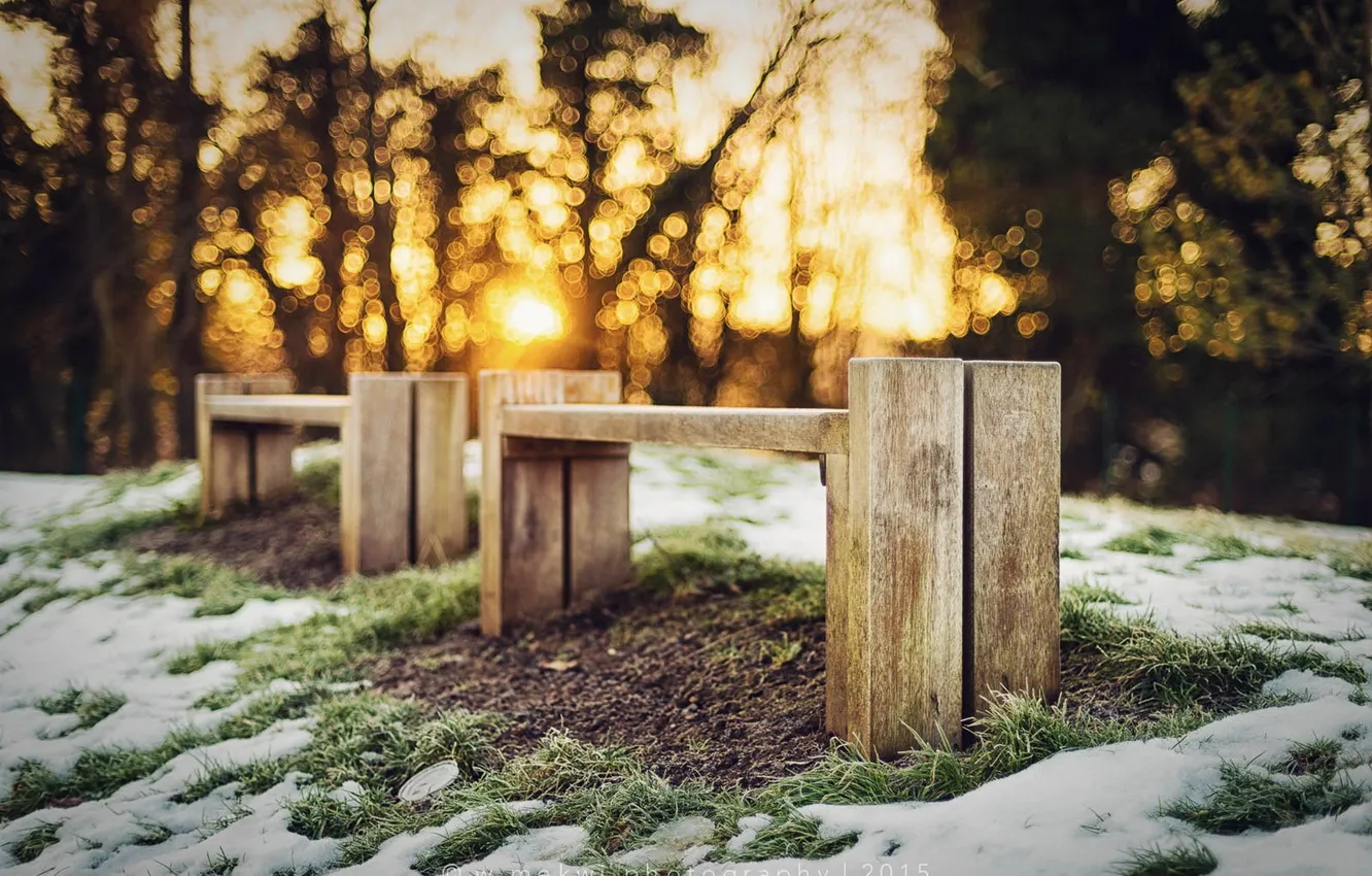Photo wallpaper winter, snow, bench
