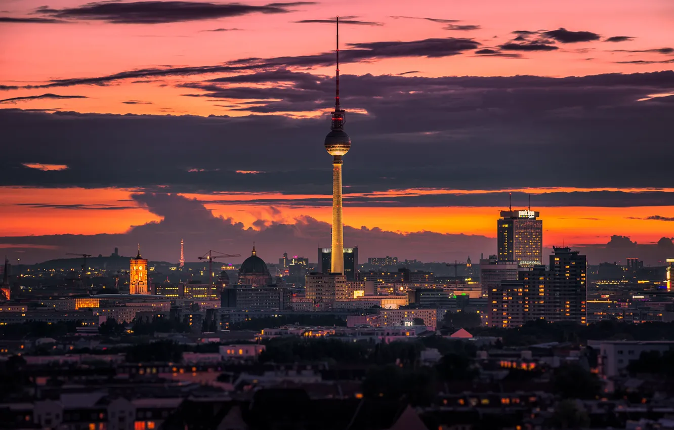 Photo wallpaper twilight, Germany, sunset, dusk, Berlin, cityscape, TV tower, TV Tower