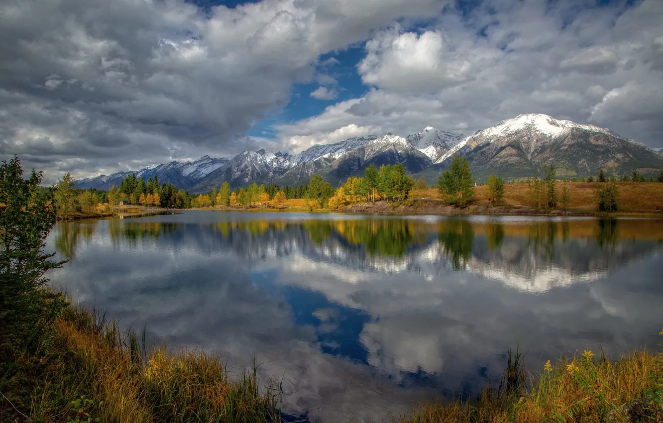 Photo wallpaper autumn, the sky, trees, mountains, lake, Alberta, Canmore